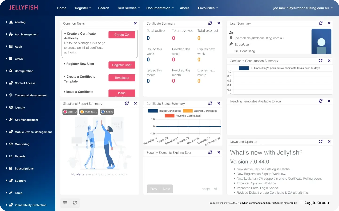 Jellyfish dashboard with certificate and user summary widgets.
